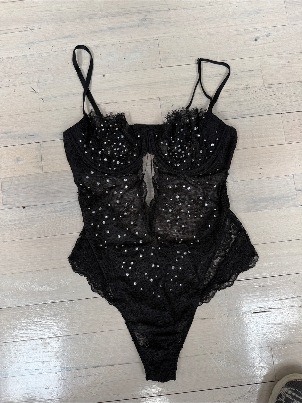 Victoria's Secret Black Sheer Lace Sequin Bodysuit